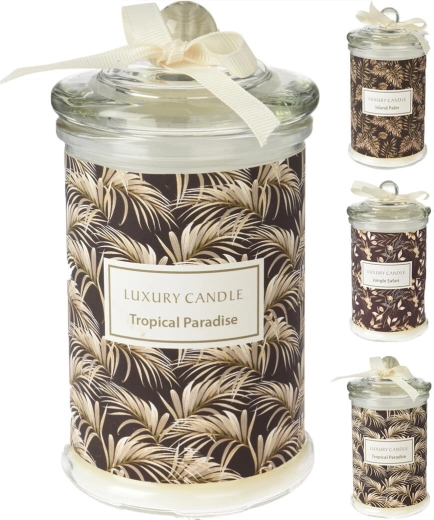 Bougie parfumée en bocal en verre avec couvercle – Tropical Paradise, Jungle Safari, Island Palm