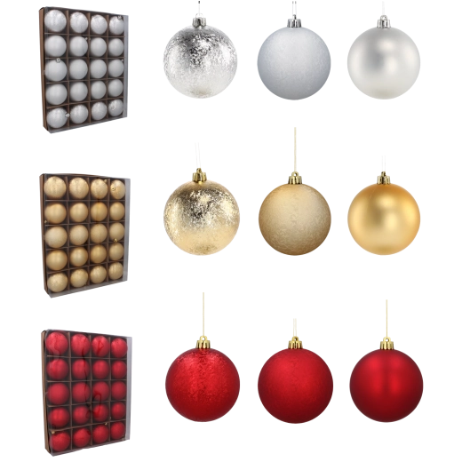 Set de 20 boules de Noël 8 cm – rouges, dorées et argentées, finitions mixtes