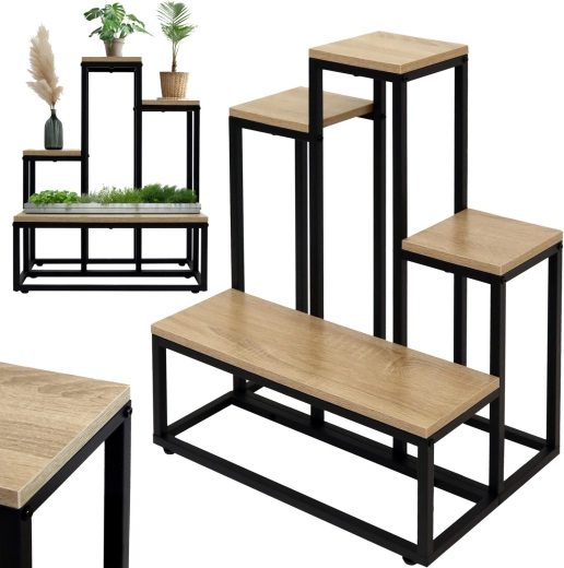 Support à fleurs en métal sur pied, à étages, pour 6 plantes, décor chêne rustique - 1 pièce