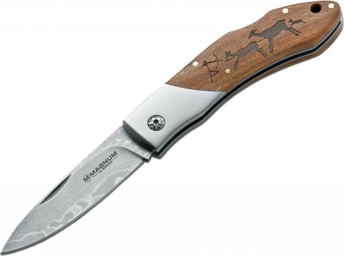 Magnum Cavemen Damast couteau de poche 8,2 cm avec lame en damas et manche en bois
