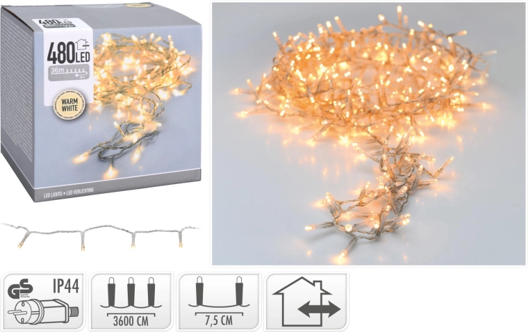 Guirlande LED de Noël 36 m, 480 LED, blanc chaud, fil transparent, IP44