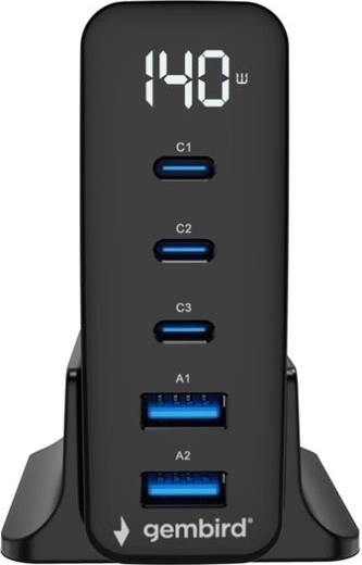 Chargeur GaN universel 140 W avec LCD, 3× USB-C et 2× USB-A, noir