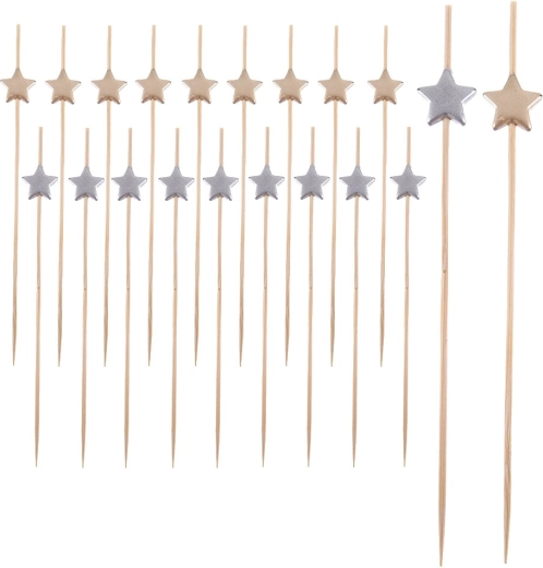 Pics en bambou pour amuse-bouches avec petites étoiles 12 cm, 20 pcs