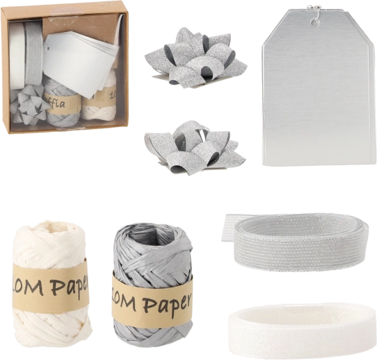 Coffret de Noël pour emballage cadeaux – argent et blanc, 11 pièces