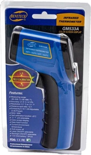 Thermomètre infrarouge laser sans contact (pyromètre) Benetech -50 à 530 °C, bleu - 1 pièce