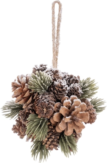 Décoration de Noël suspendue : boule en pommes de pin effet neige 12 cm