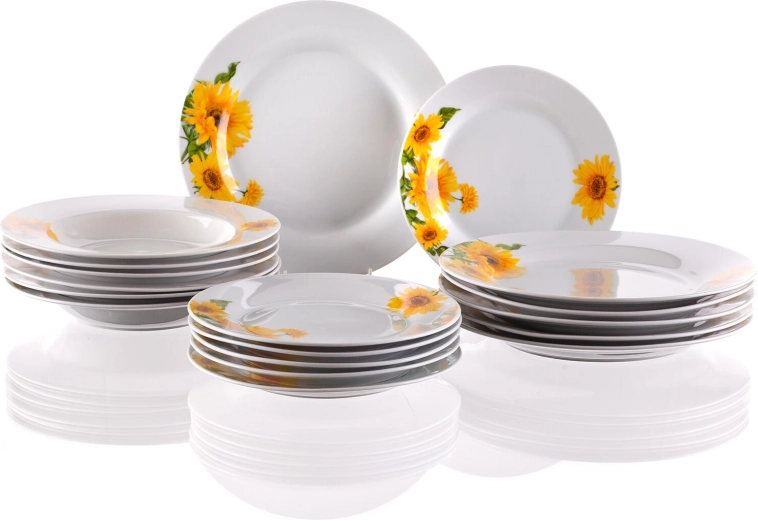 Service de table en porcelaine à motif tournesols SUNNY, 18 pièces, blanc