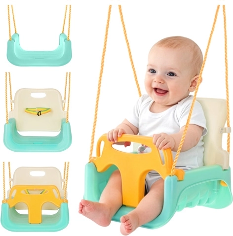 Balançoire pour enfants 3-en-1 KR UZZEL, crème et turquoise, avec corde pour la maison et le jardin, jusqu’à 30 kg