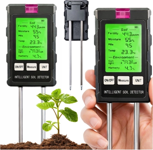 Mesureur de sol numérique 6-en-1 avec LCD – humidité, pH, température, lumière et fertilité