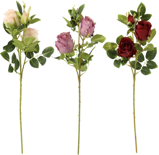Branche de rose artificielle avec trois fleurs 66 cm, assortiment de couleurs