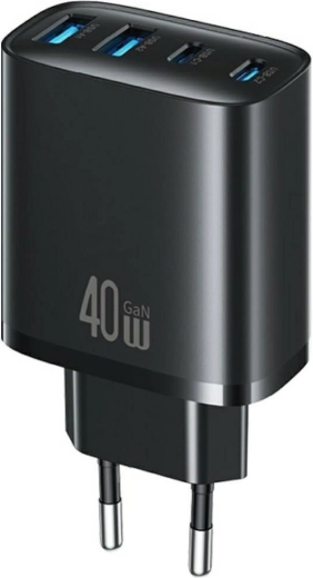 Chargeur secteur USAMS T70 40 W, 2× USB-A + 2× USB-C, noir