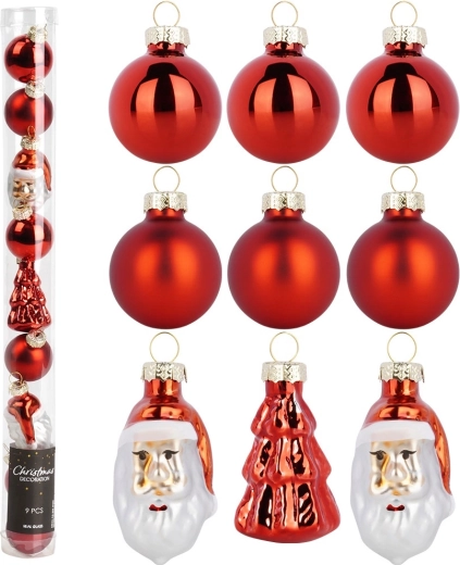Décorations de Noël incassables rouges 3–5 cm, set de 9 pcs