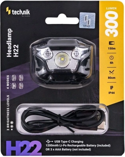 Lampe frontale Technik H22 avec USB‑C, lumière blanche, rouge et verte (300 lm)