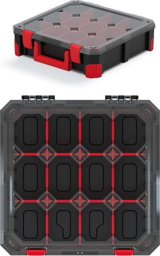 Organisateur Titan avec 12 compartiments, couvercle transparent et poignée ergonomique