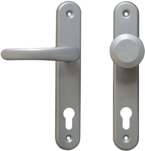 Quincaillerie de porte MICHAELA avec poignée et bouton fixe, finition argentée, pour cylindre 90 mm