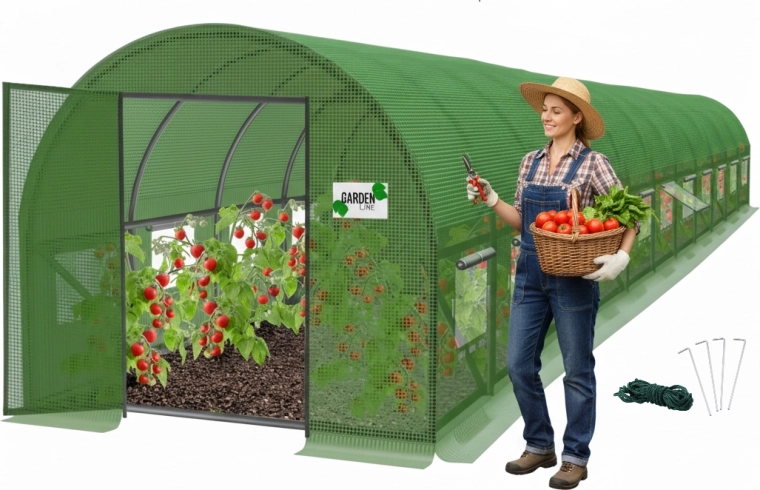 Serre de jardin en film 12 segments verte 12 × 5 × 2 m avec portes battantes