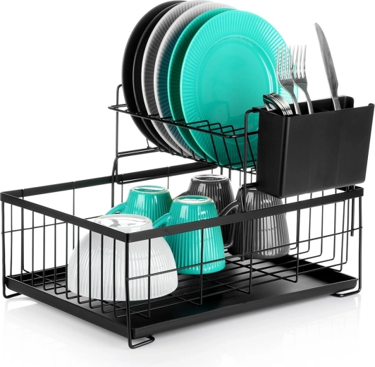Égouttoir à vaisselle en métal à deux niveaux, noir 42 × 28 × 28 cm