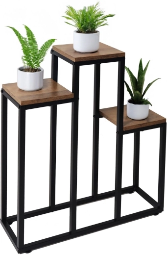 Support à fleurs en métal à 3 niveaux, décor chêne rustique - 1 pièce