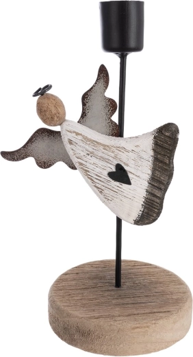 Bougeoir avec ange en bois de paulownia et métal – 18 cm