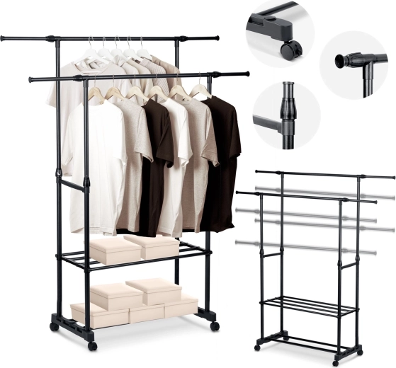 Porte-vêtements sur pied Massido, noir, avec roulettes et étagères