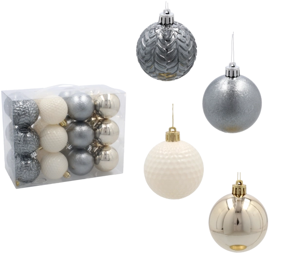 Set de boules de Noël 6 cm – champagne, gris et blanc (24 pièces)
