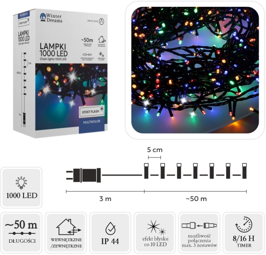 Guirlande lumineuse LED de 1000 diodes multicolore avec clignotement froid, 50 m