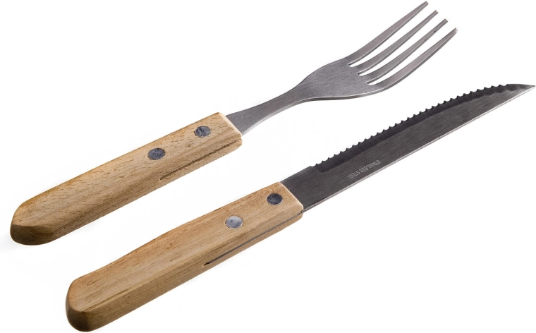 Set de couverts à steak PARTY en acier inoxydable avec manche en bois clair (6+6 pcs)