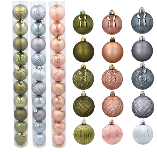 Set de boules de Noël 6 cm – olive, cuivré et graphite, 10 pcs