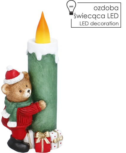 Décoration LED de Noël en forme de bougie avec ourson portant un bonnet et une écharpe