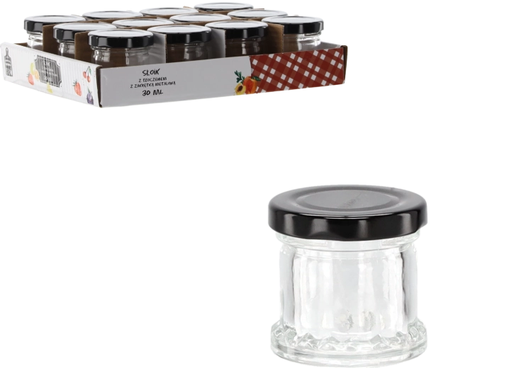 Petit bocal en verre 30 ml avec relief et couvercle métallique noir