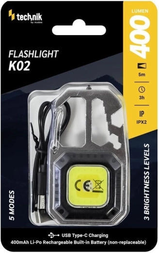 Technik MT-K02 lampe de travail COB LED porte-clés avec mousqueton et USB‑C, 400 lm