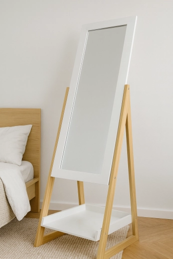 Miroir sur pied avec pieds en bois et étagère 40 × 36 × 150 cm