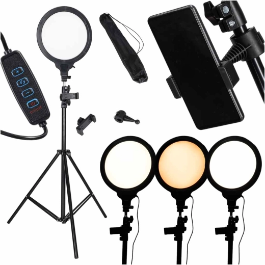 Lampe anneau LED circulaire sur trépied avec support de téléphone, 3 couleurs de lumière