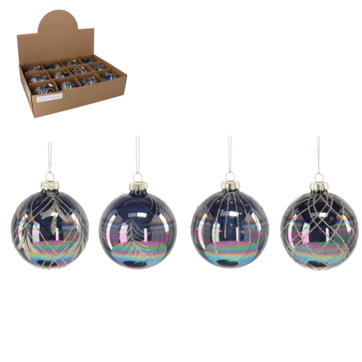 boules de Noël en verre 8 cm noires brillantes – lot de 12 pièces avec motifs variés