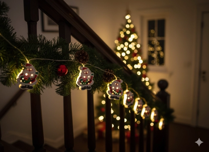 Guirlande LED de Noël en bois Santa, 10 lumières à piles