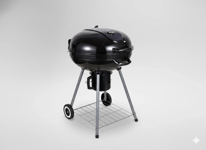 Barbecue rond au charbon de bois avec couvercle, bac à cendres et roulettes 66 × 57 × 85 cm