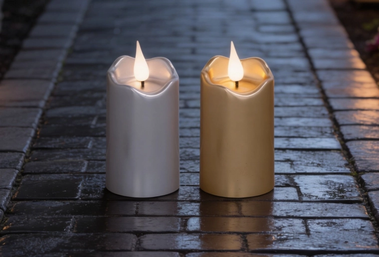 Bougie LED 5 × 10 cm en finition dorée et argentée