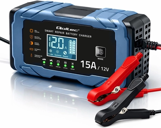 Chargeur intelligent de batterie voiture Qoltec 12 V 15 A avec fonction de réparation pour AGM/GEL/LiFePO4