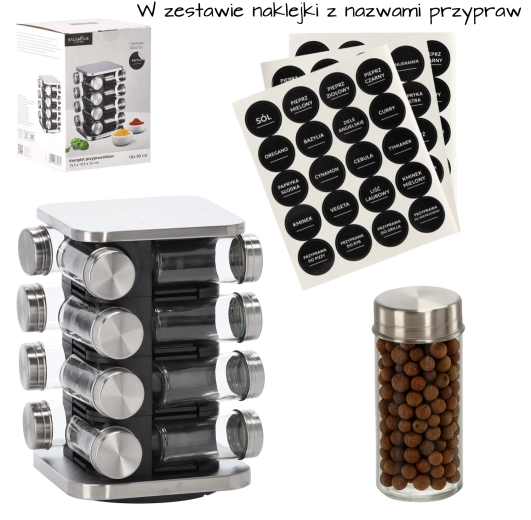 Présentoir à épices carré rotatif 15,5 × 15,5 × 24 cm avec 16 pots en verre, noir‑argent