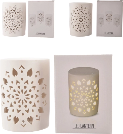 Bougeoir LED en porcelaine avec motif mandala, blanc