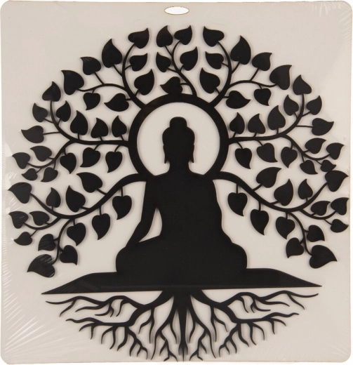 Décoration murale en bois Bouddha et arbre de vie noire 35 × 35 cm