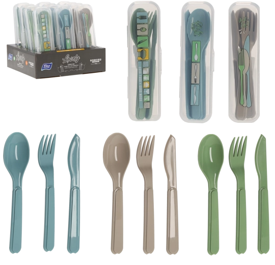 Couverts de voyage en plastique avec étui – cuillère, fourchette et couteau, bleu