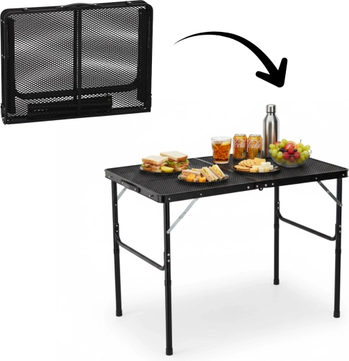 Table de camping pliante noire 90 × 60 cm, hauteur 40/70 cm