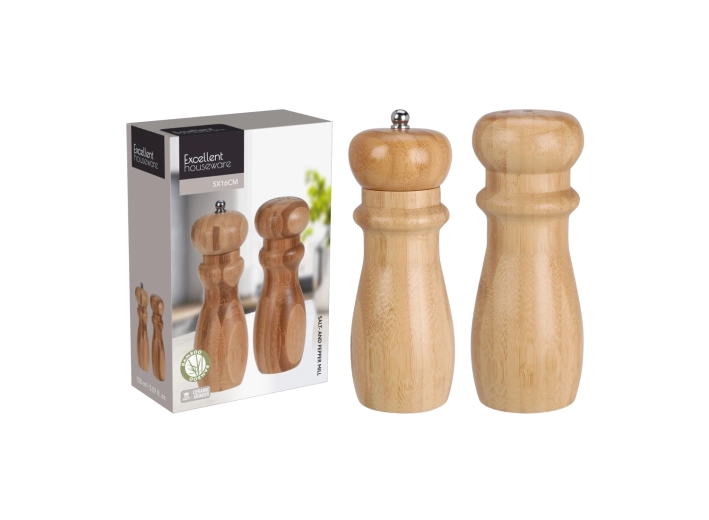 Ensemble en bambou de moulins à sel et à poivre avec mécanisme de broyage en céramique