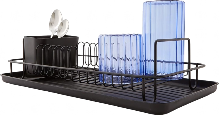Égouttoir à vaisselle avec plateau d’égouttage, noir, grand, avec compartiment à couverts