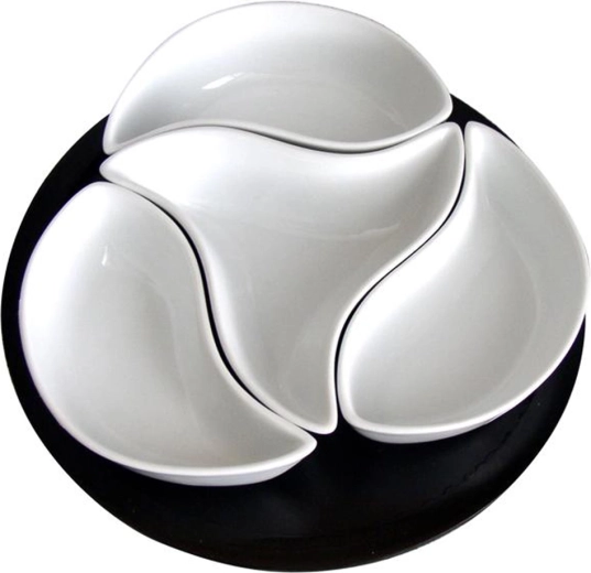 Set de bols en céramique Tourbillon sur plateau tournant en bois, 4 pcs