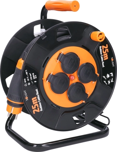 Solight rallonge sur enrouleur 25 m, 4 prises, câble en caoutchouc, IP44