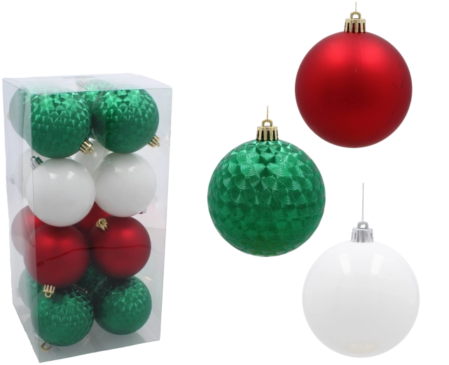 Set de boules de Noël 8 cm – rouges, vertes et blanches (16 pcs)
