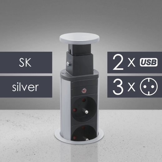 Prise de courant escamotable pour bureau avec 3 prises et ports USB, argentée