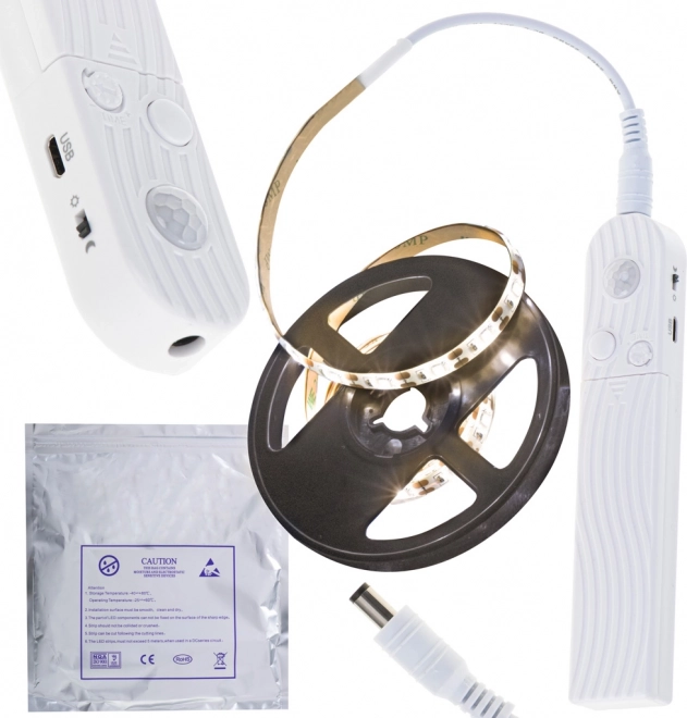 Ruban LED résistant à l’eau avec détecteur de mouvement, USB/piles, 1 m, 59 LED, blanc chaud